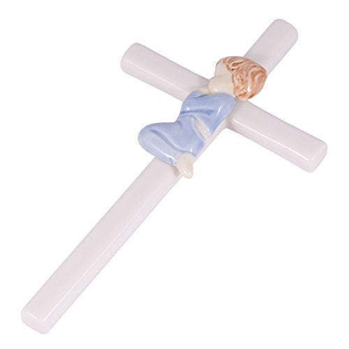 Praying Blue in Blue 7.5 Inch Hand-Painted Glazed White Porcelain Wall Cross