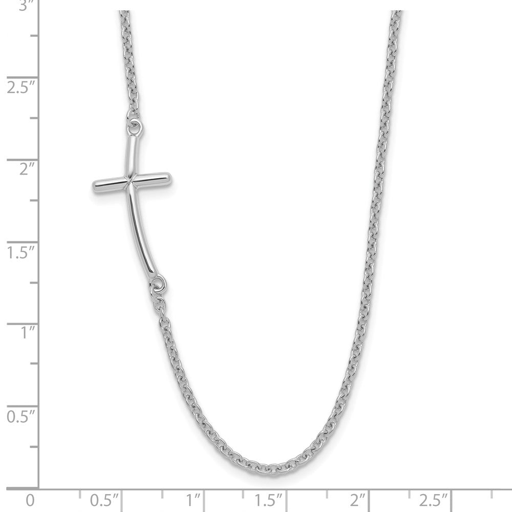 Sterling Silver Rh-plated Large Off-Set Sideways Curved Cross Necklace 19 Inches