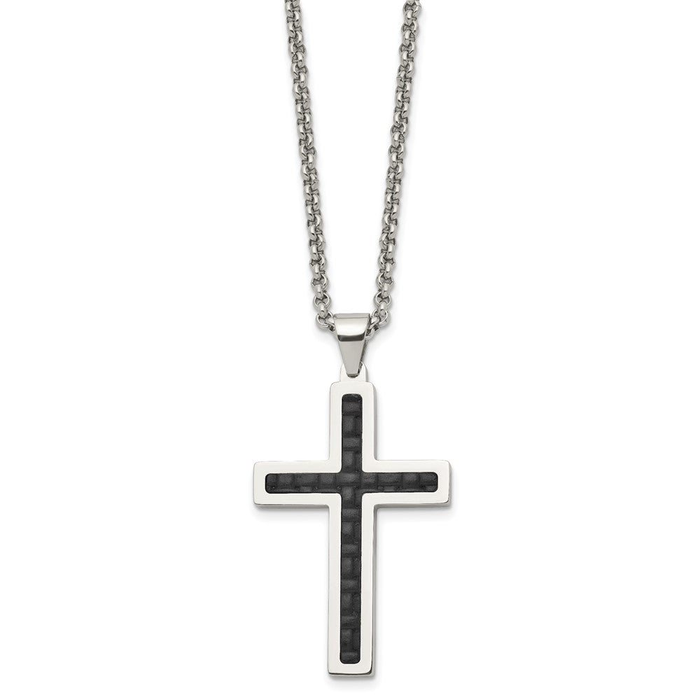 Stainless Steel Polished Black Genuine Leather Inlay Cross 20in Necklace