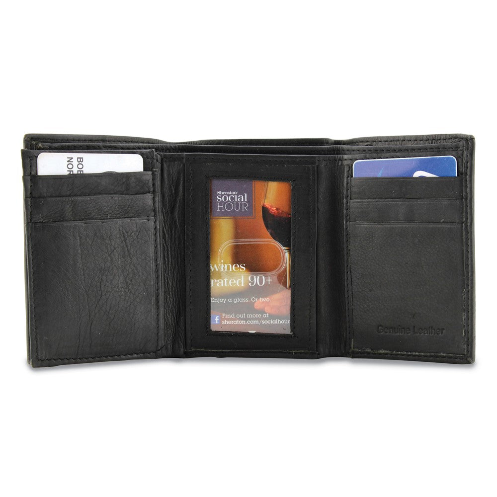 Black Leather 6-Slot Tri-fold Wallet with ID Window