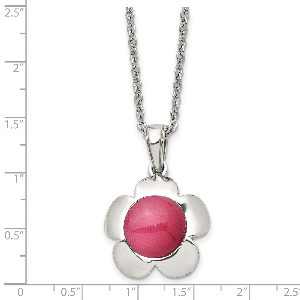 Stainless Steel Polished Flower with Pink Cat's Eye 18in Necklace
