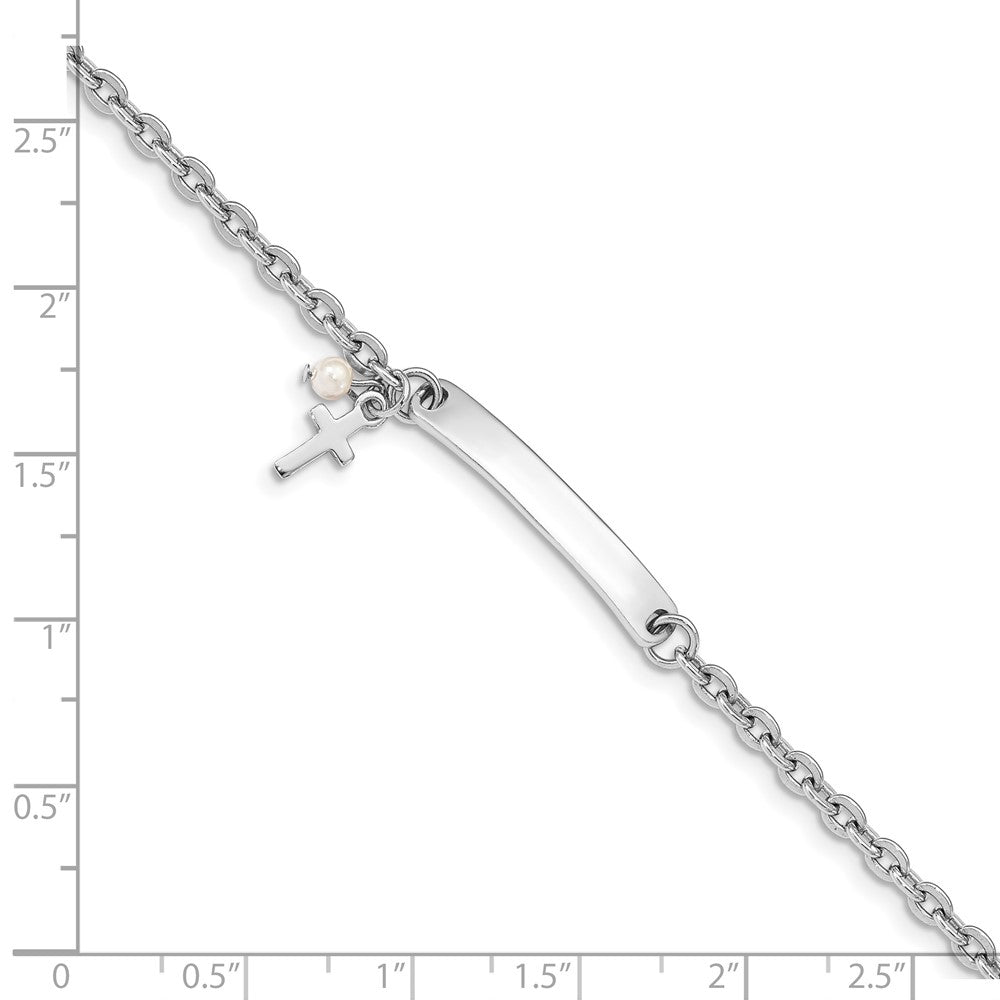 Sterling Silver RH-plated Cross Syn Pearl 6in Plus1in Ext. ID Bracelet 6 inches