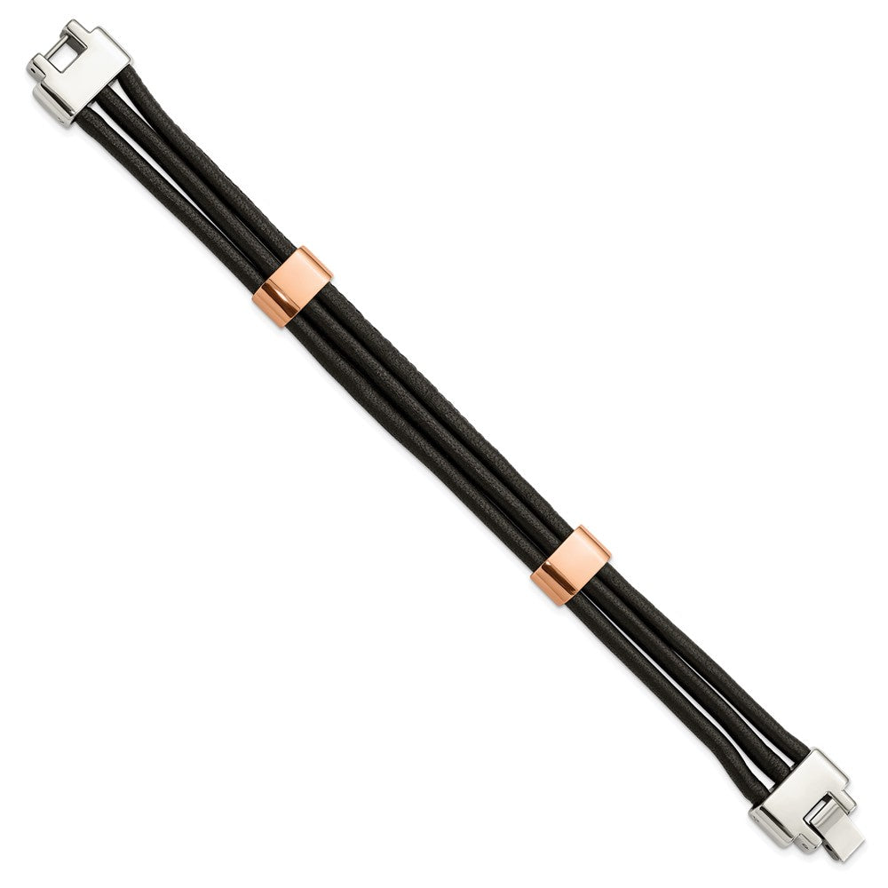Stainless Steel Polished Rose IP-plated Black Leather 8in Bracelet 8 inches