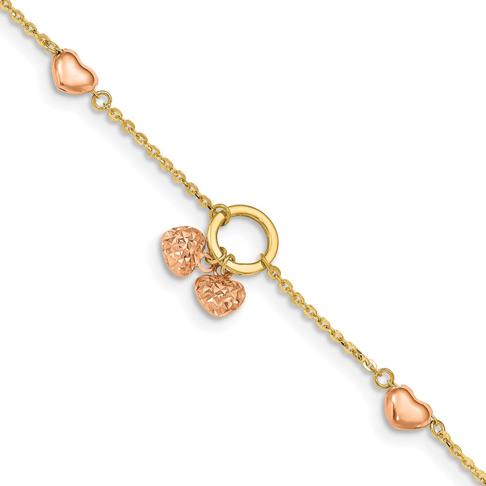 14k Two-tone Diamond-cut Hearts w/1in Ext. Bracelet 7 inches