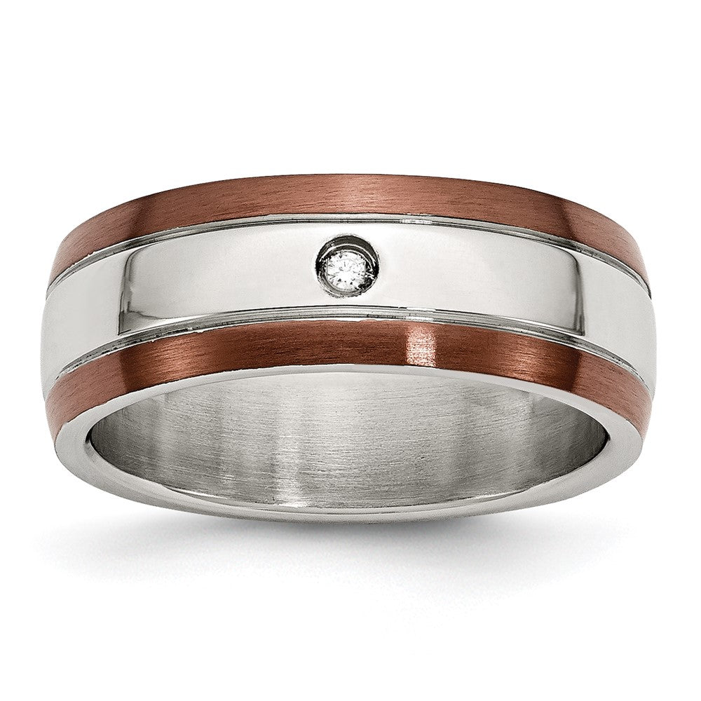 Chisel Stainless Steel Brushed/Polished Brown IP-plated Edge 1/20 carat Diamond 8mm Band