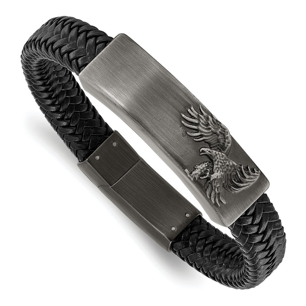 Stainless Steel Brushed Antiqued Leather Eagle 8.5in ID Bracelet 8.5 inches
