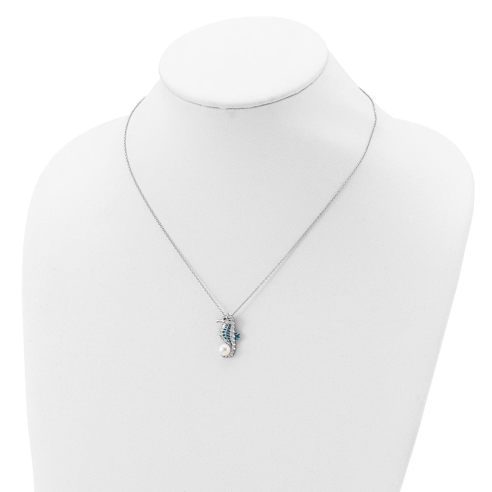 Cheryl M Sterling Silver Rhodium-plated Enameled Freshwater Cultured Pearl and Brilliant-cut CZ Seahorse 18 Inch Necklace 18 Inches