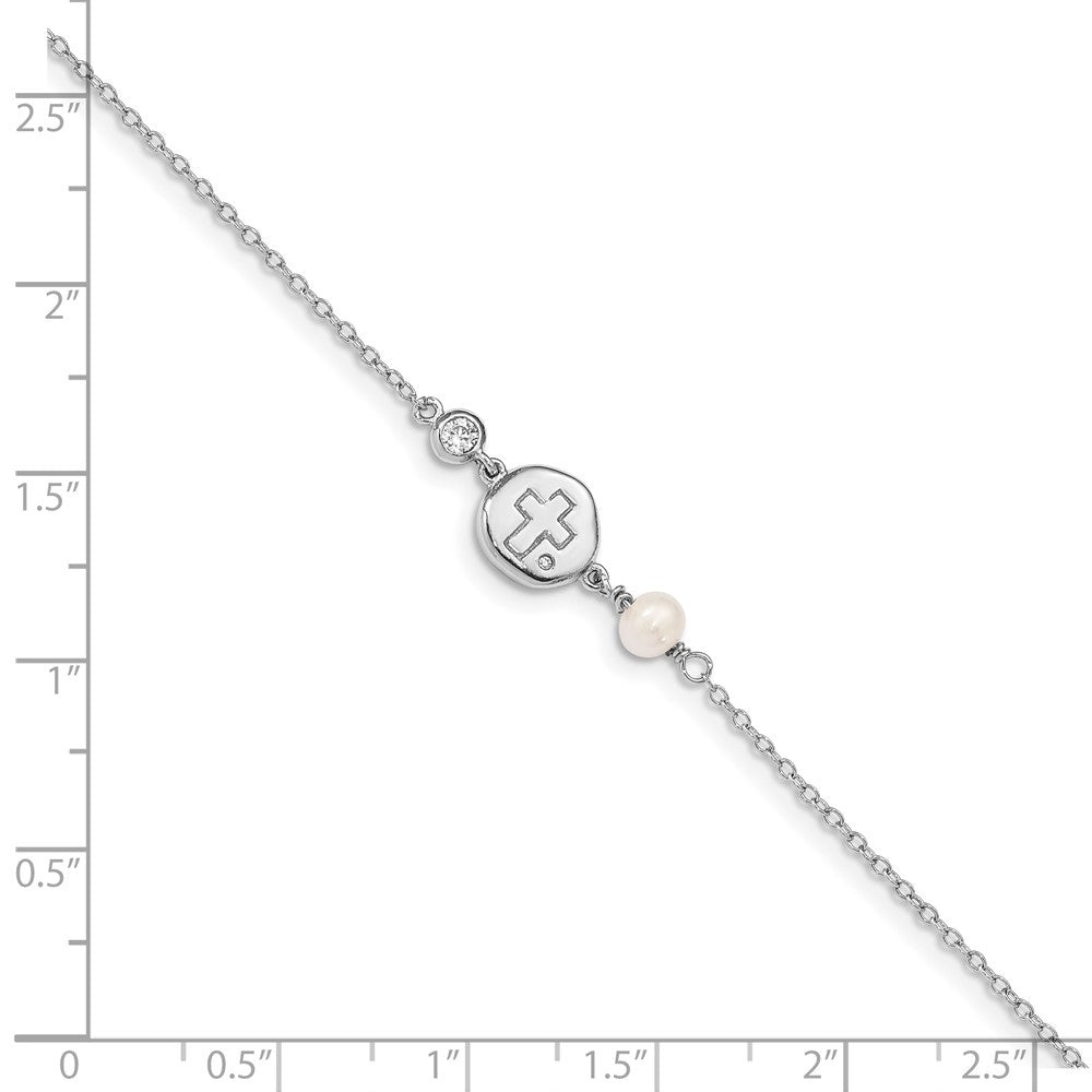 Sterling Silver RH-plated CZ/Cross/FWC Pearl w/0.5in ext Bracelet 6.75 inches