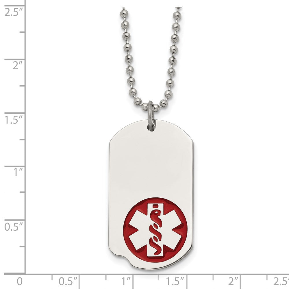 Stainless Steel Polished w/Red Enamel Medical ID 22in Necklace
