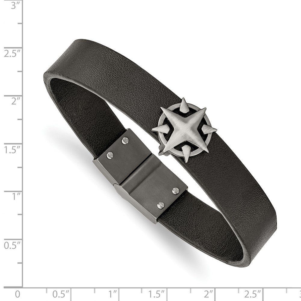 Stainless Steel Brushed Antiqued White Bronze Leather Compass Bracelet 8.25 inches