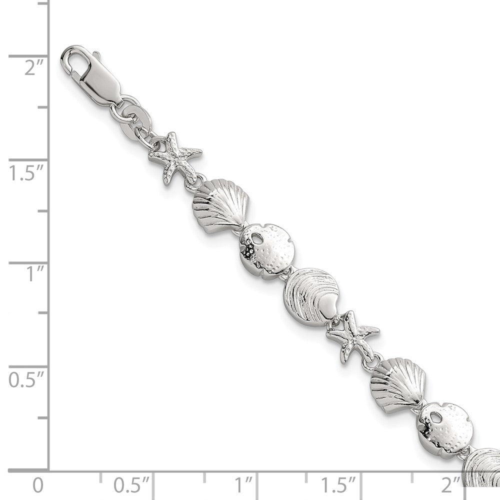 Sterling Silver Polished Textured Starfish, Sand Dollar, and Sea Shell 7.25 inch Bracelet