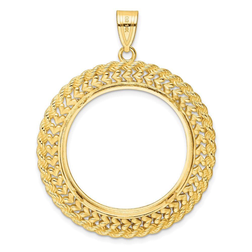 Wideband Distinguished Coin Jewelry 14k Polished and Diamond-cut Heart and Rope 27.0mm Prong Coin Bezel Pendant