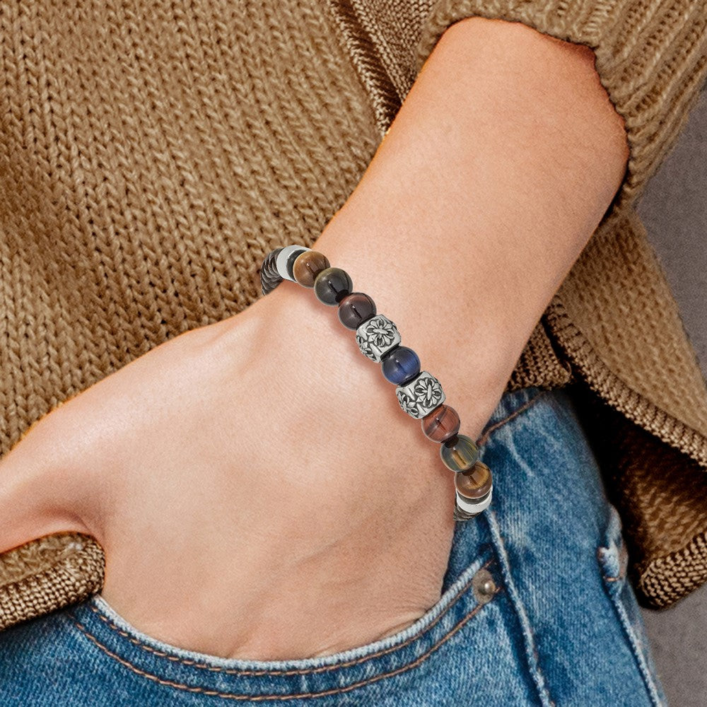 Stainless Steel Antiqued & Polished MultiColor Tiger's Eye Leather Bracelet 8.5 inches