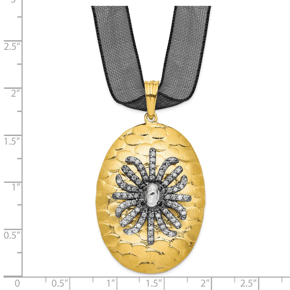 Sterling Silver Gold-tone CZ Pendant with Black Sheer Ribbon Necklace