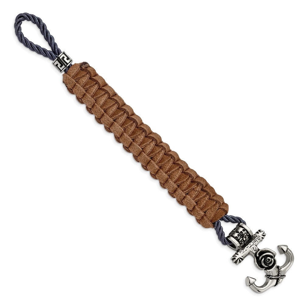 Stainless Steel Polished Antiqued Brown Leather Anchor Toggle Bracelet 8.5 inches