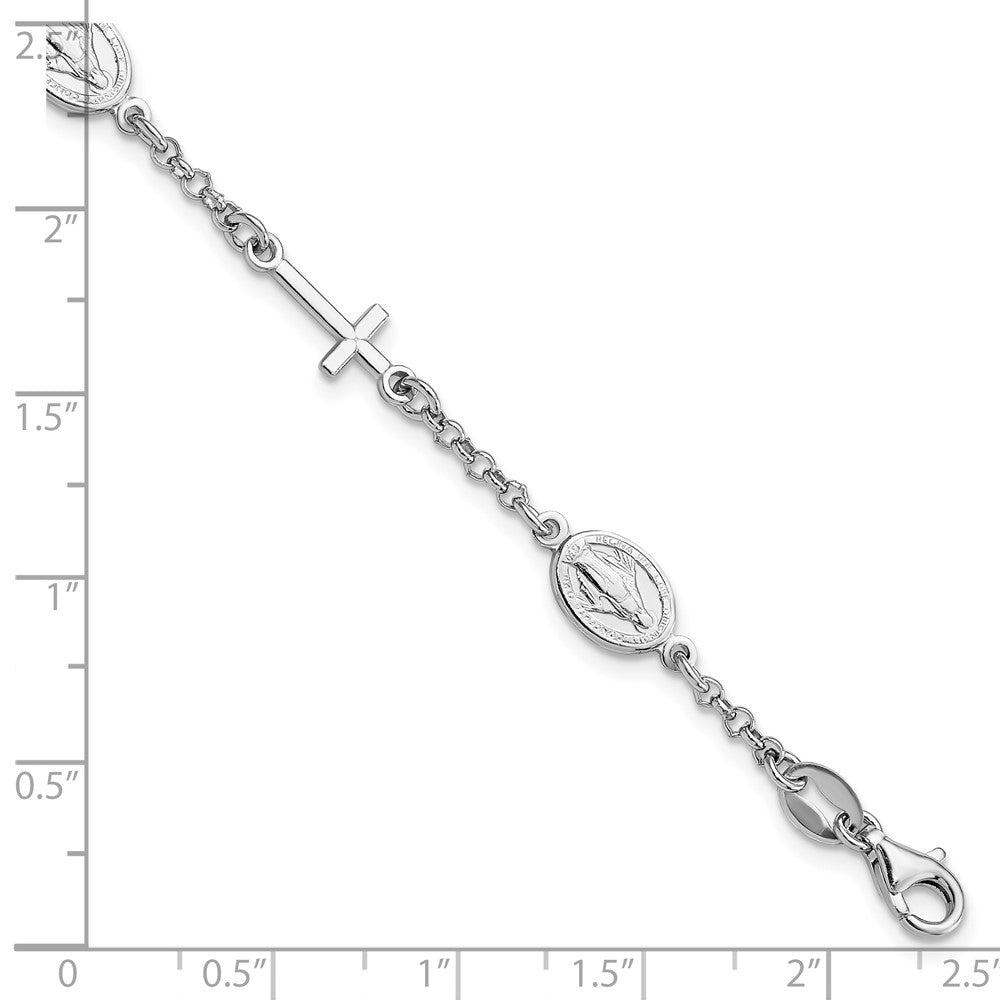 Sterling Silver RH-Plate Cross Miraculous Medal 6in w/1in ext Bracelet 7.5 inches