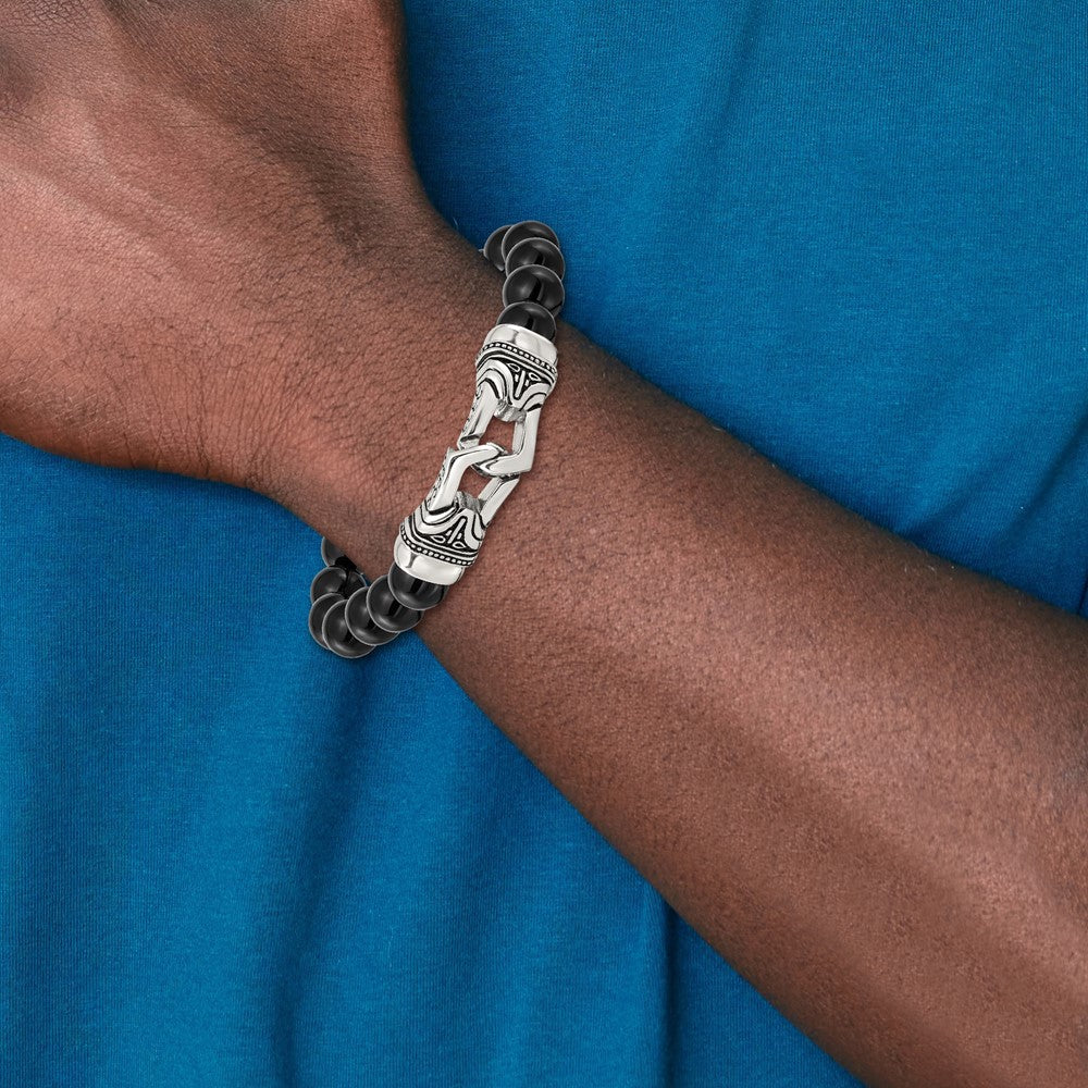 Stainless Steel Antiqued and Polished Black Agate Stretch Bracelet 7.25 inches