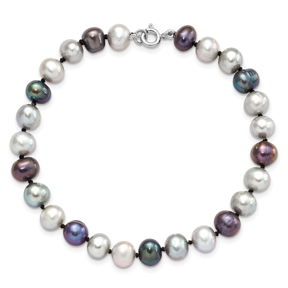 Sterling Silver Rhodium-plated 6-7mm Grey and Black Semi-Round Freshwater Cultured Pearl 18 inch Necklace and 7.25 Bracelet and 3-piece Button Post Earrings Set