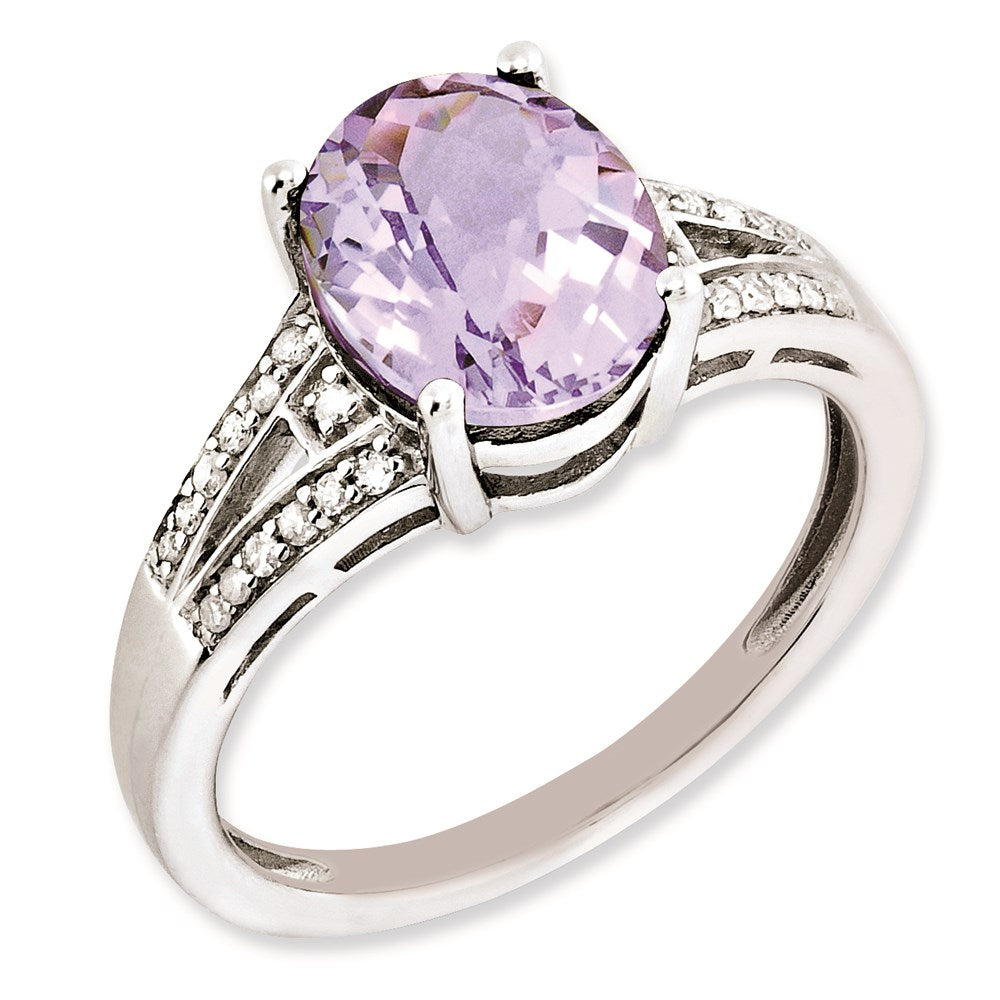 Sterling Silver Rhodium-plated Diamond & Oval Pink Quartz Ring