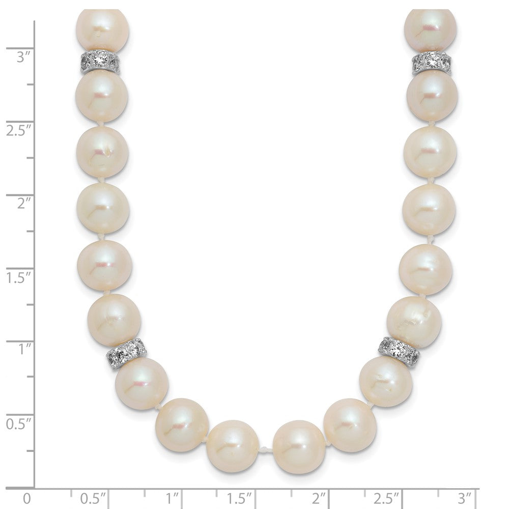 Sterling Silver Rhodium-plated 9-10mm White Near-Round Freshwater Cultured Pearl and CZ 18 inch Necklace 18 Inches