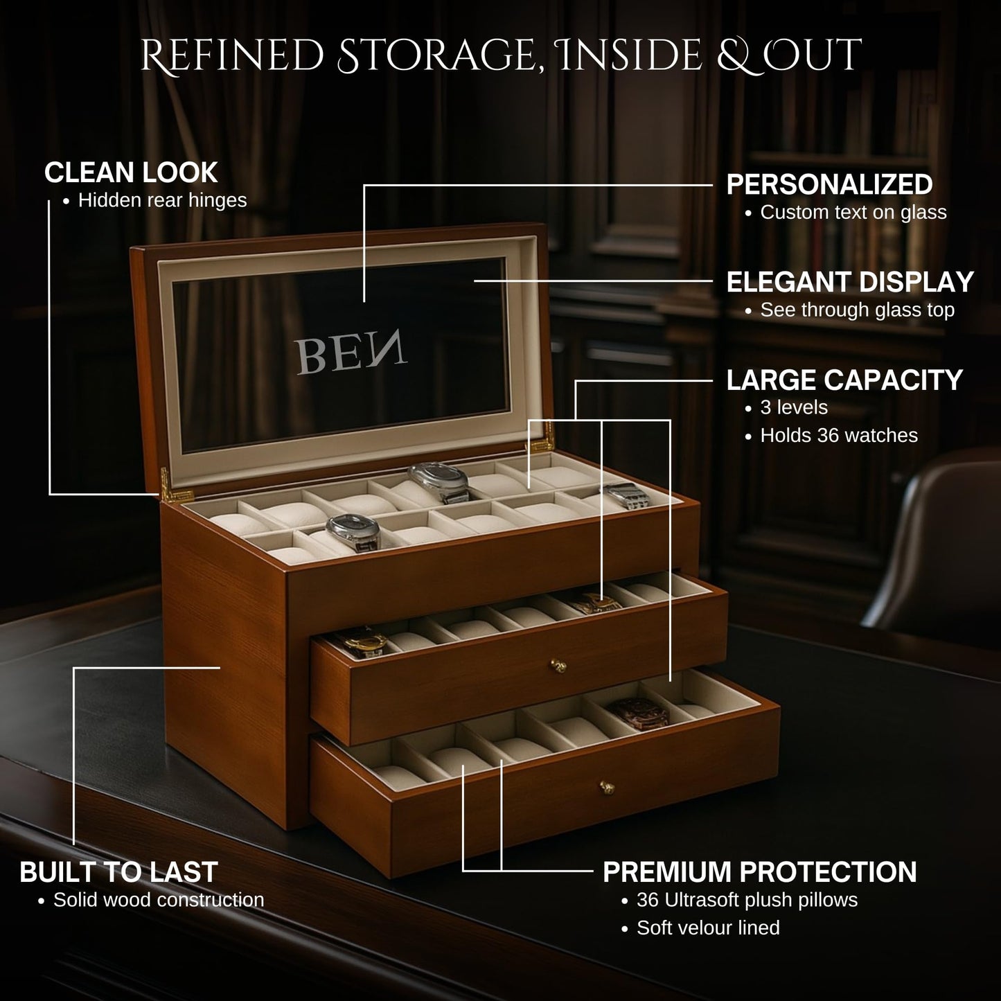 Bey-Berk International BB686BRW Cherry Wood 36 Watch Box - Brown