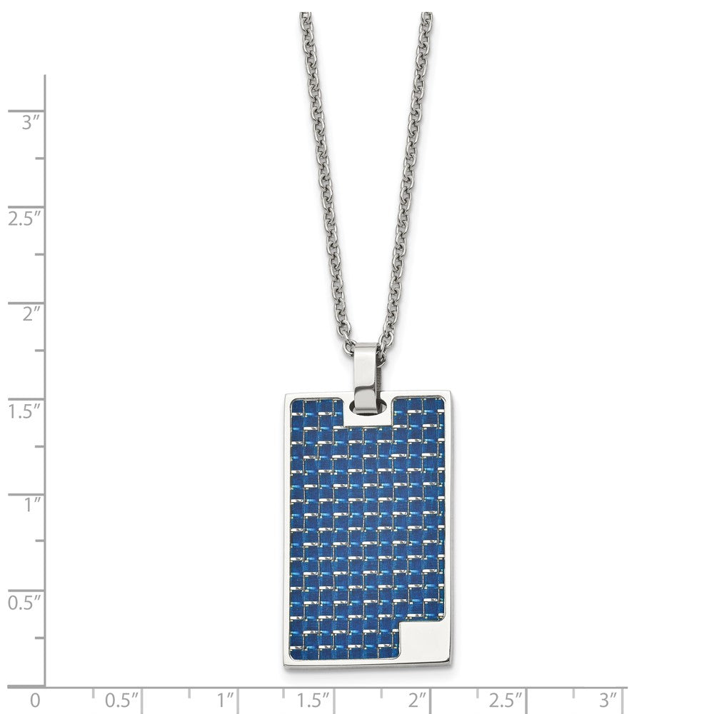 Stainless Steel Polished w/Blue Carbon Fiber Inlay Dog Tag 22in Necklace