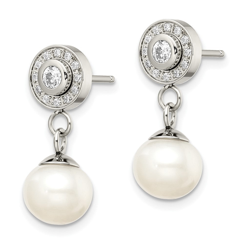 Stainless Steel Polished CZ and FWC Pearl Post Dangle Earrings