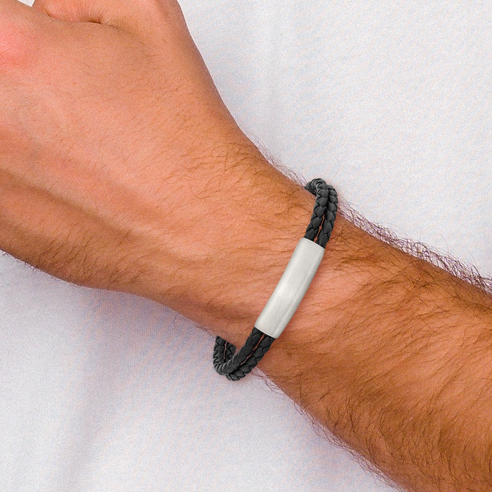 Stainless Steel Brushed Braided Black Leather w/.5in ext 8in Bracelet 8.5 inches