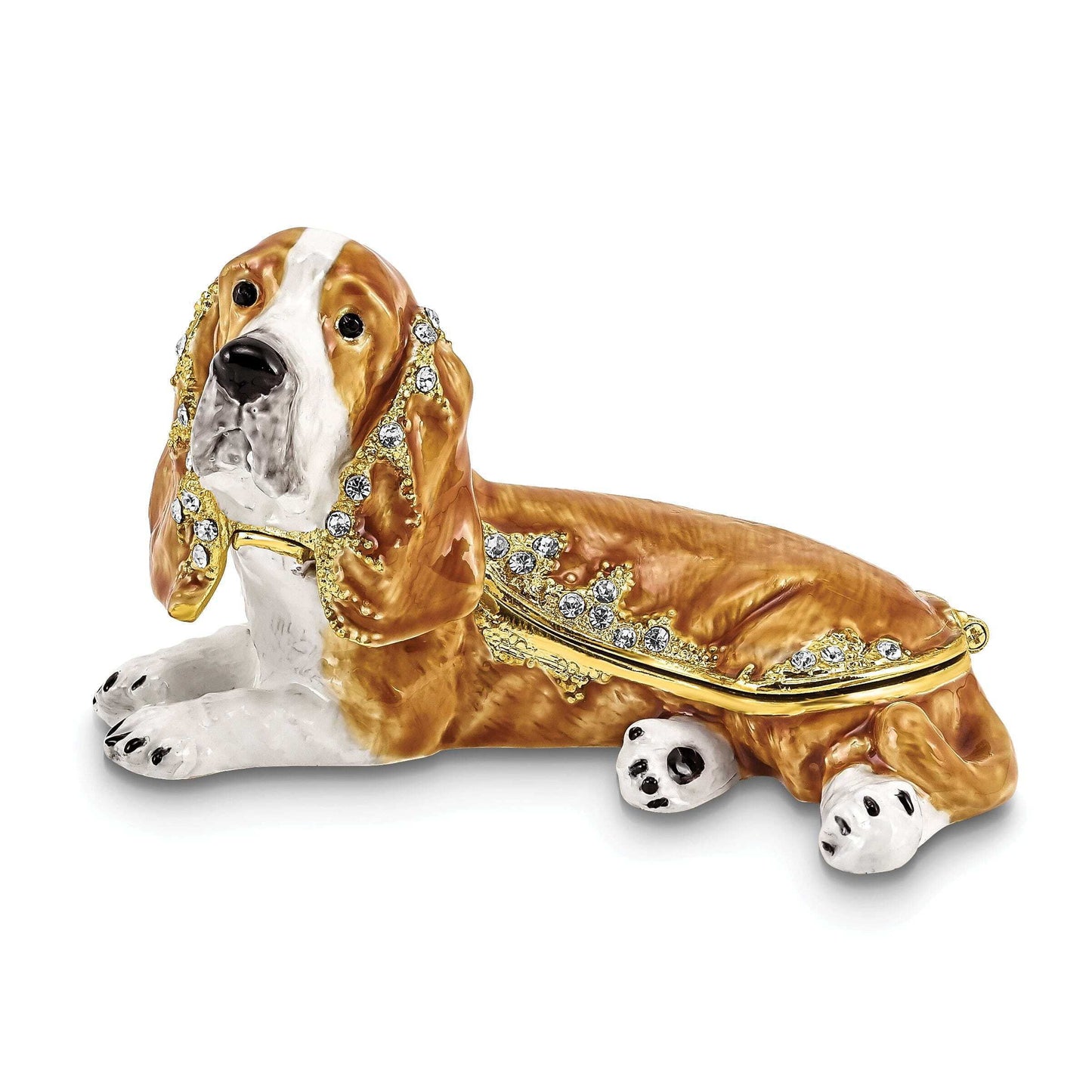 Luxury Giftware by Jere Pewter Bejeweled Crystals Gold-tone Enameled OTIS Bassett Hound Trinket Box with Matching 18 Inch Necklace QBJ4046