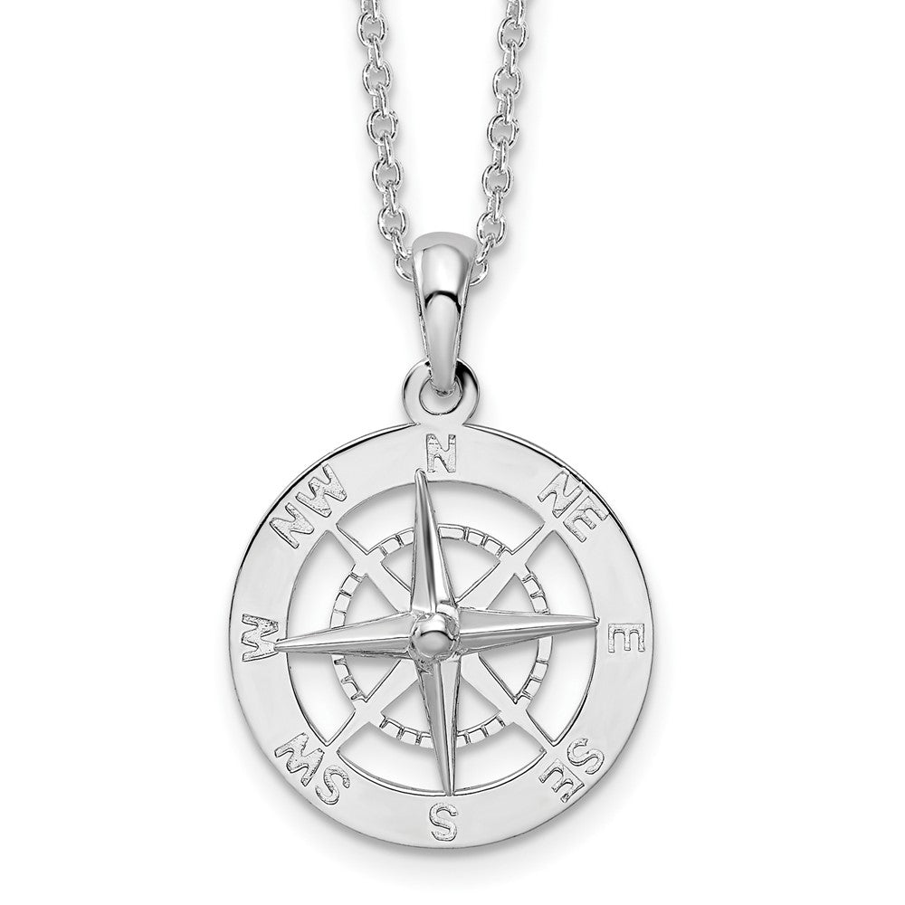 Sterling Silver Rhodium-plated Polished Nautical Compass Necklace