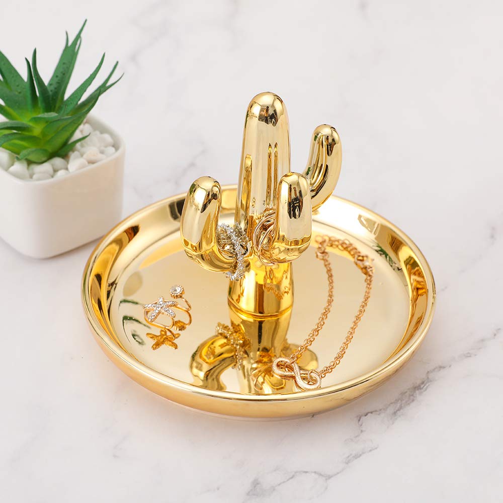 Ceramic Golden Cactus Jewelry Ring Dish Tray