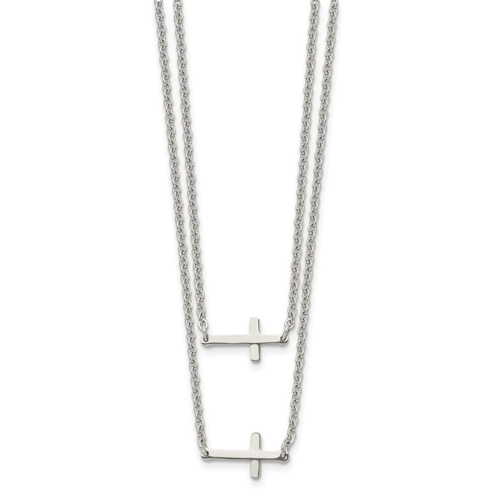 Stainless Steel Double Sideways Crosses Layered 16.5in Necklace