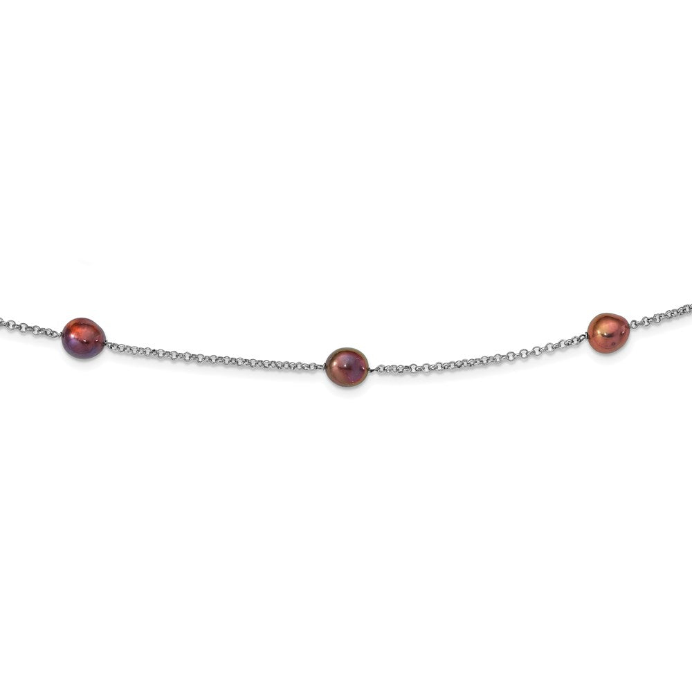 Sterling Silver Rhod-plat 9-10mm Black Baroq FWC Pearl 7-stat Necklace