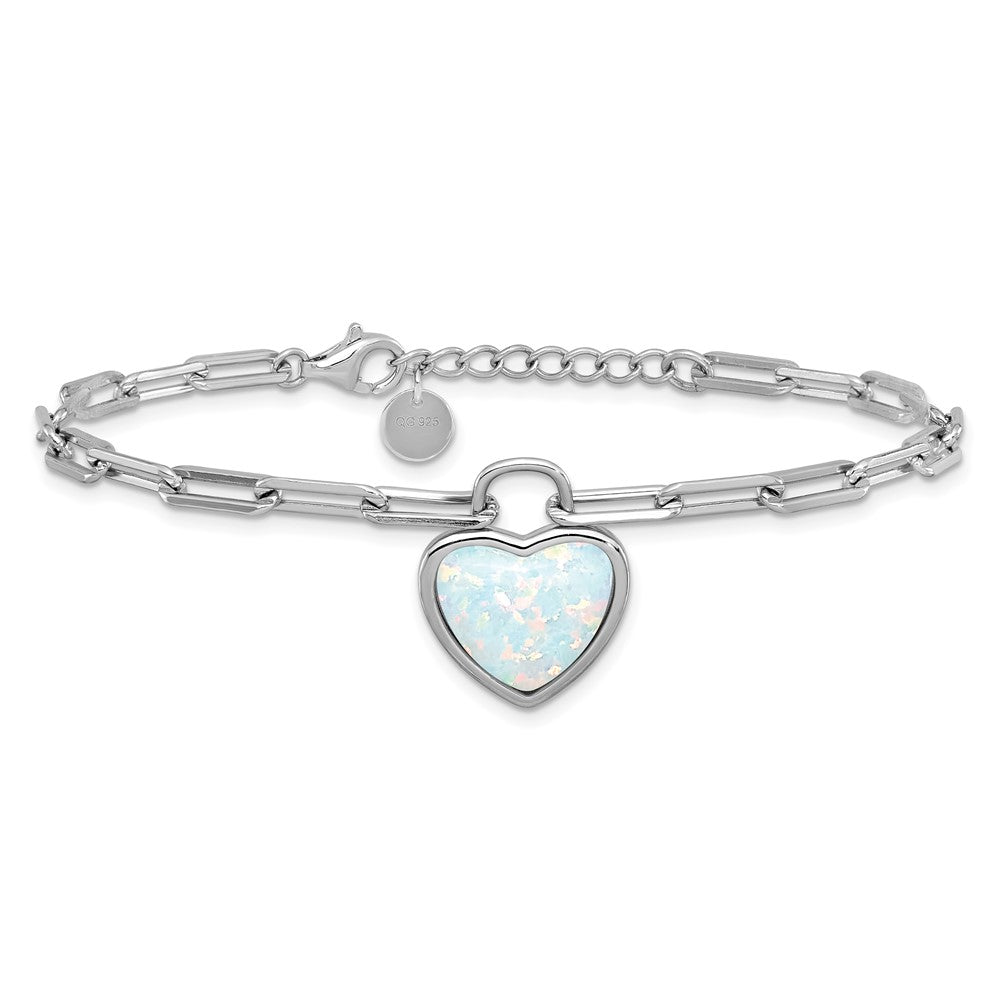 Cheryl M Sterling Silver Rhodium-plated Polished Created Opal Heart Paperclip Link with 1 Inch Extension Bracelet 8 inches