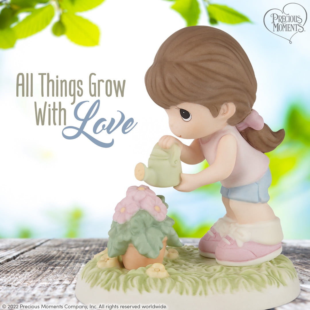 Precious Moments Hand-painted Porcelain Brunette Girl Planting Flower With Watering Can Figurine