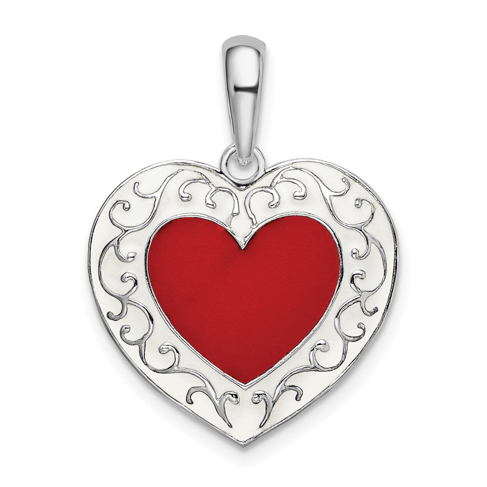Sterling Silver Polished Enameled Heart w/Scroll Pendant