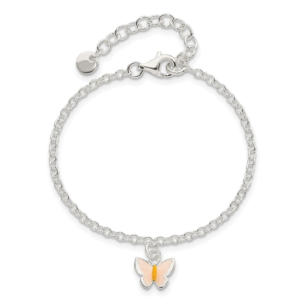 Sterling Silver Polished Enamel Butterfly w/ 1.5in ext. Childrens Bracelet 7 inches