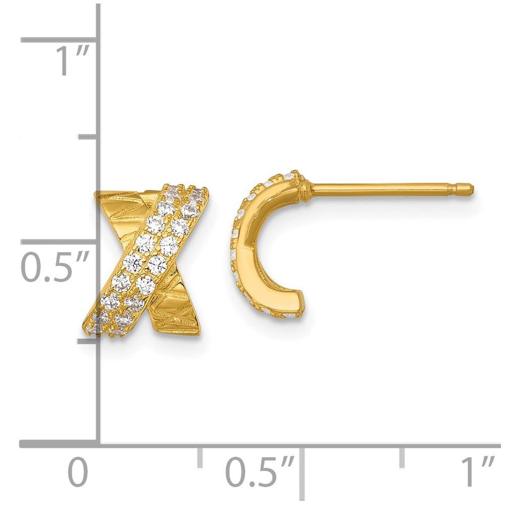 Sterling Silver Gold-tone Polished and Grooved -X- CZ Post Earrings