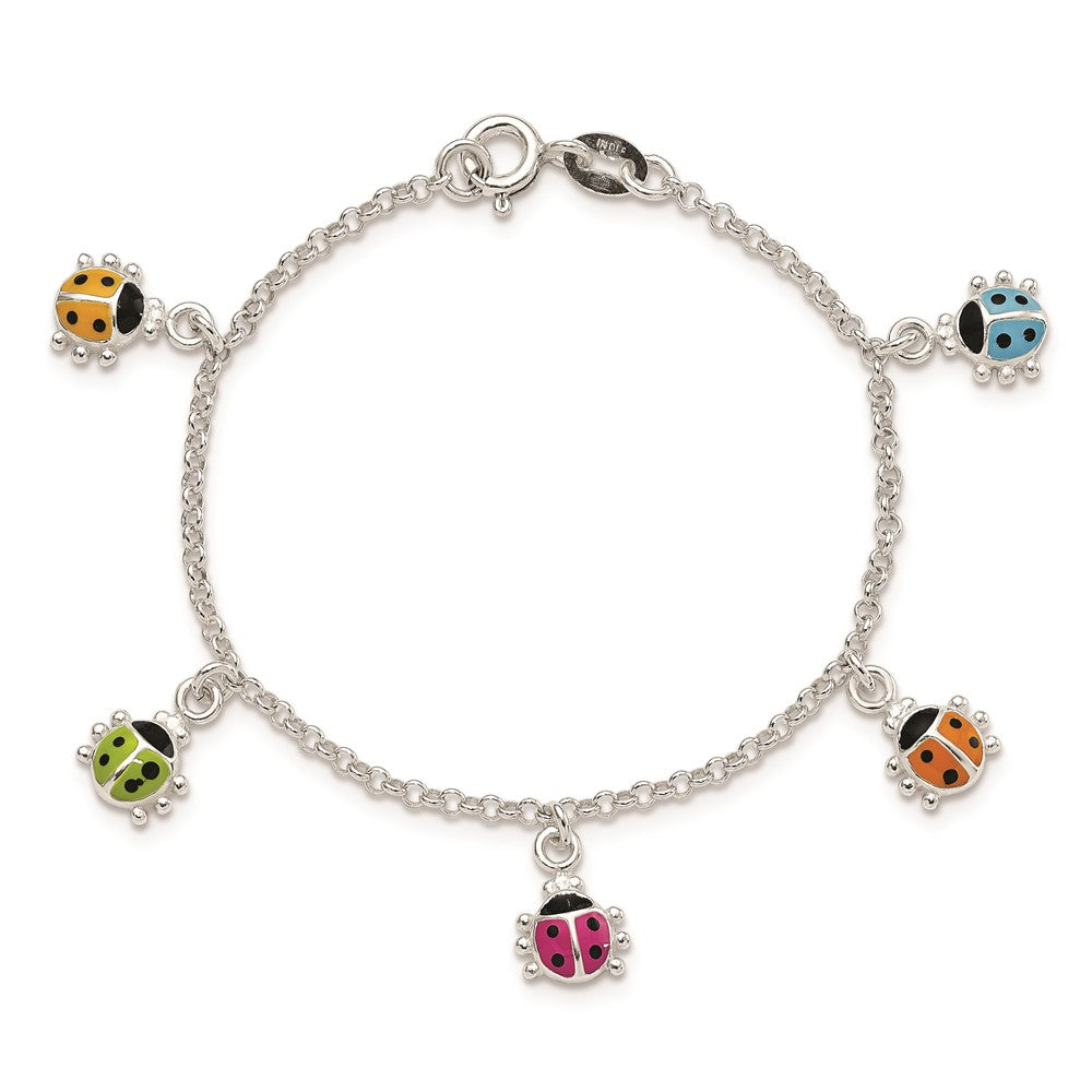 Sterling Silver Polished Multi-color Enameled Ladybugs Children's Bracelet 6 inches
