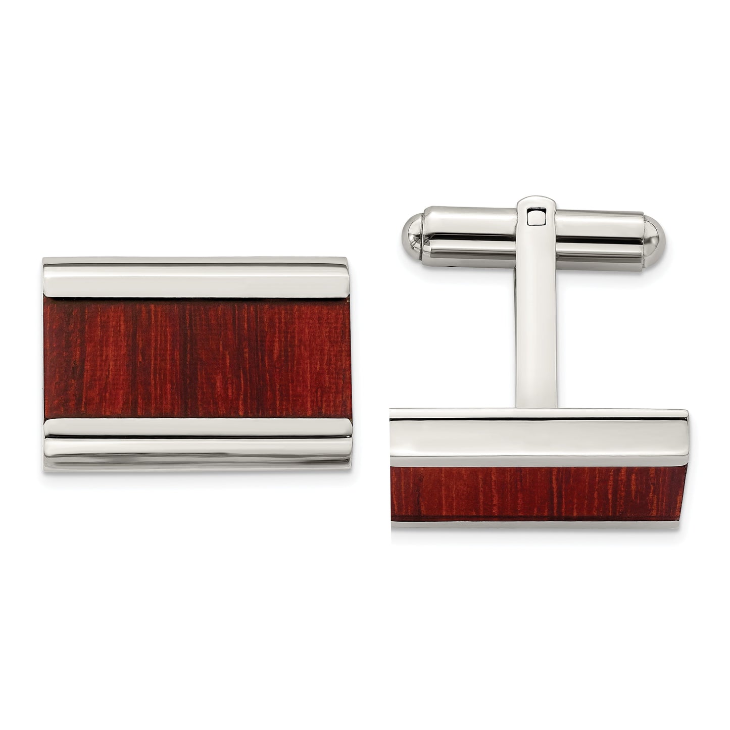 Stainless Steel Polished Red/Orange Wood Inlay Cuff Links