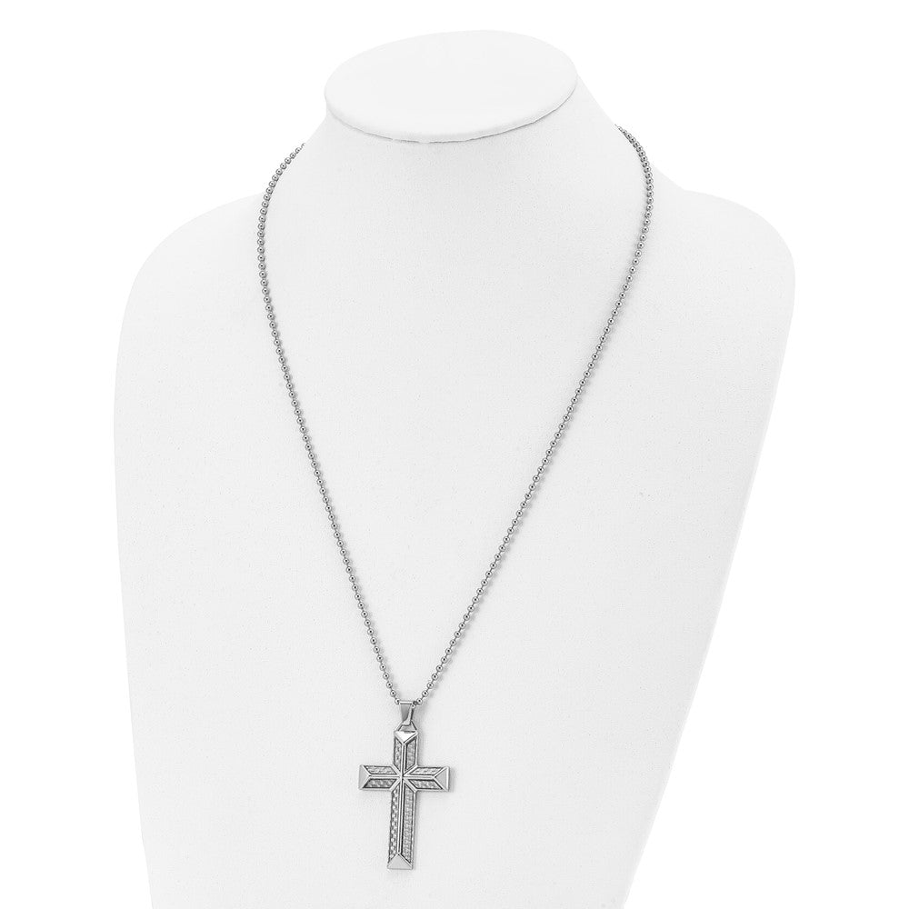 Stainless Steel Polished w/Grey Carbon Fiber Inlay Cross 24in Necklace