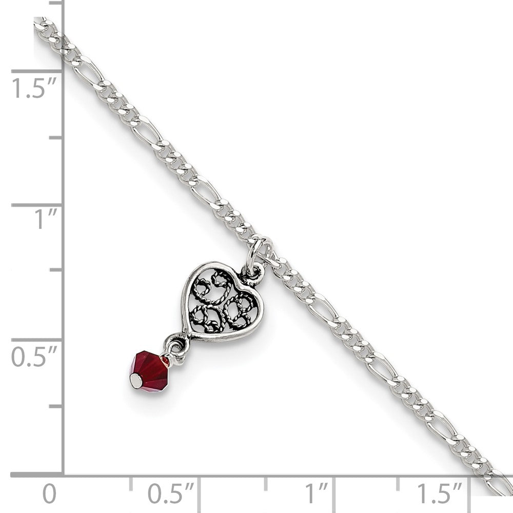 Sterling Silver Dark Pink Crystal Dangling Antiqued Heart 10 inch Anklet 10 inches