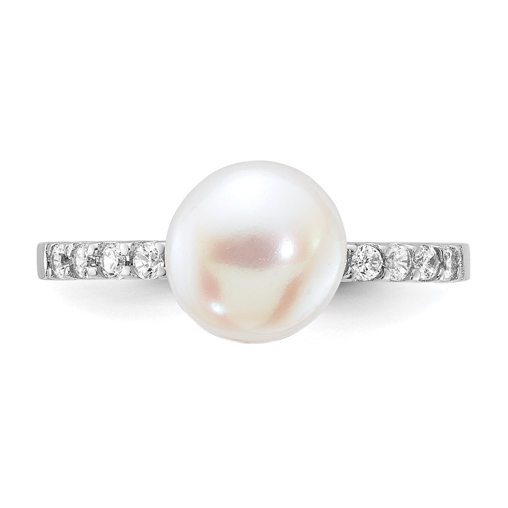 Sterling Silver Rhodium-plated FW Cultured Pearl and CZ Ring