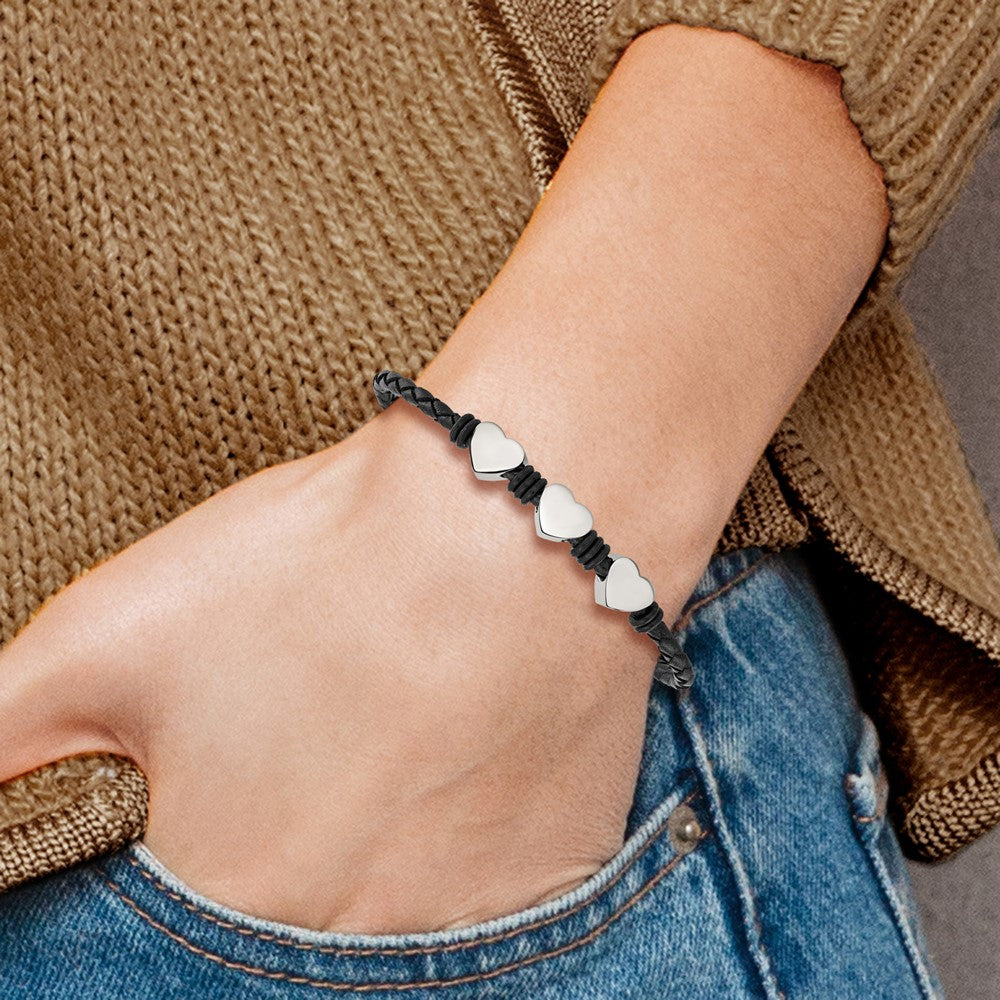 Stainless Steel Black Leather w/Polished Hearts 7.5in Bracelet 7.25 inches