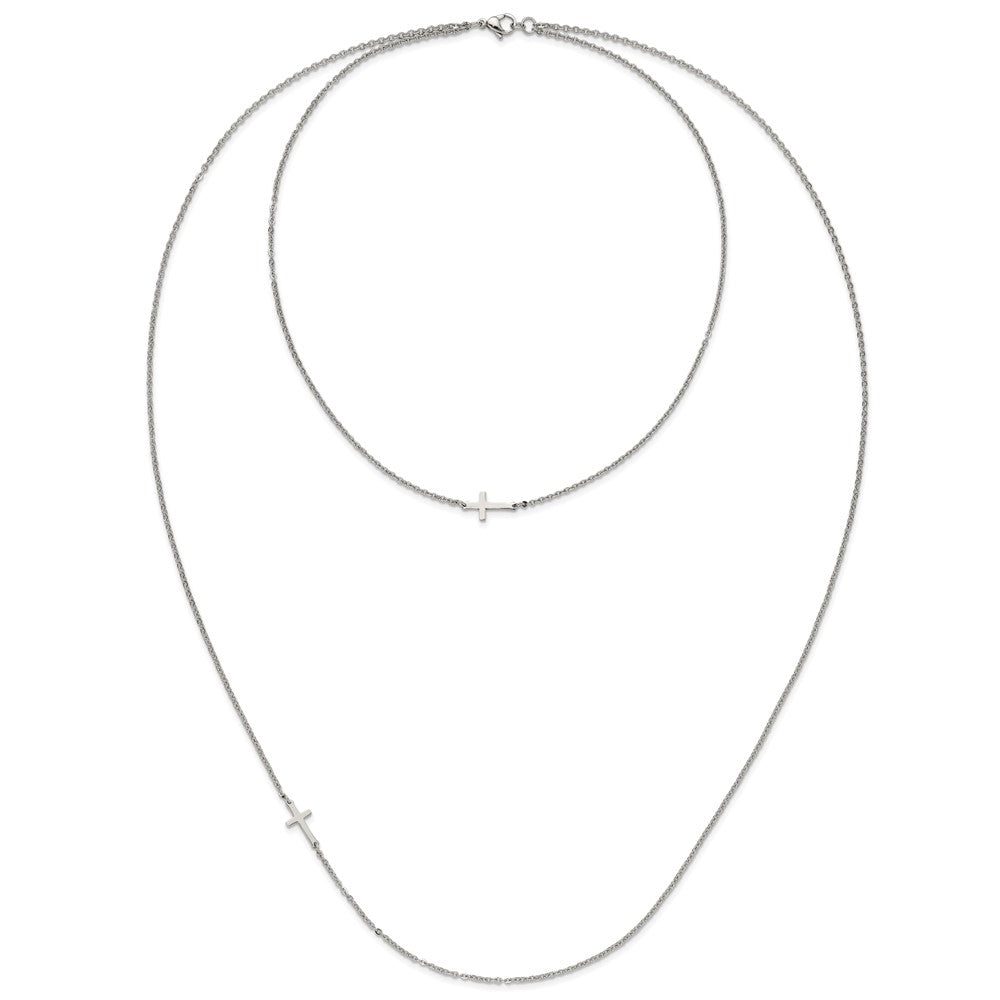 Stainless Steel Layered Sideways Cross 18in Necklace