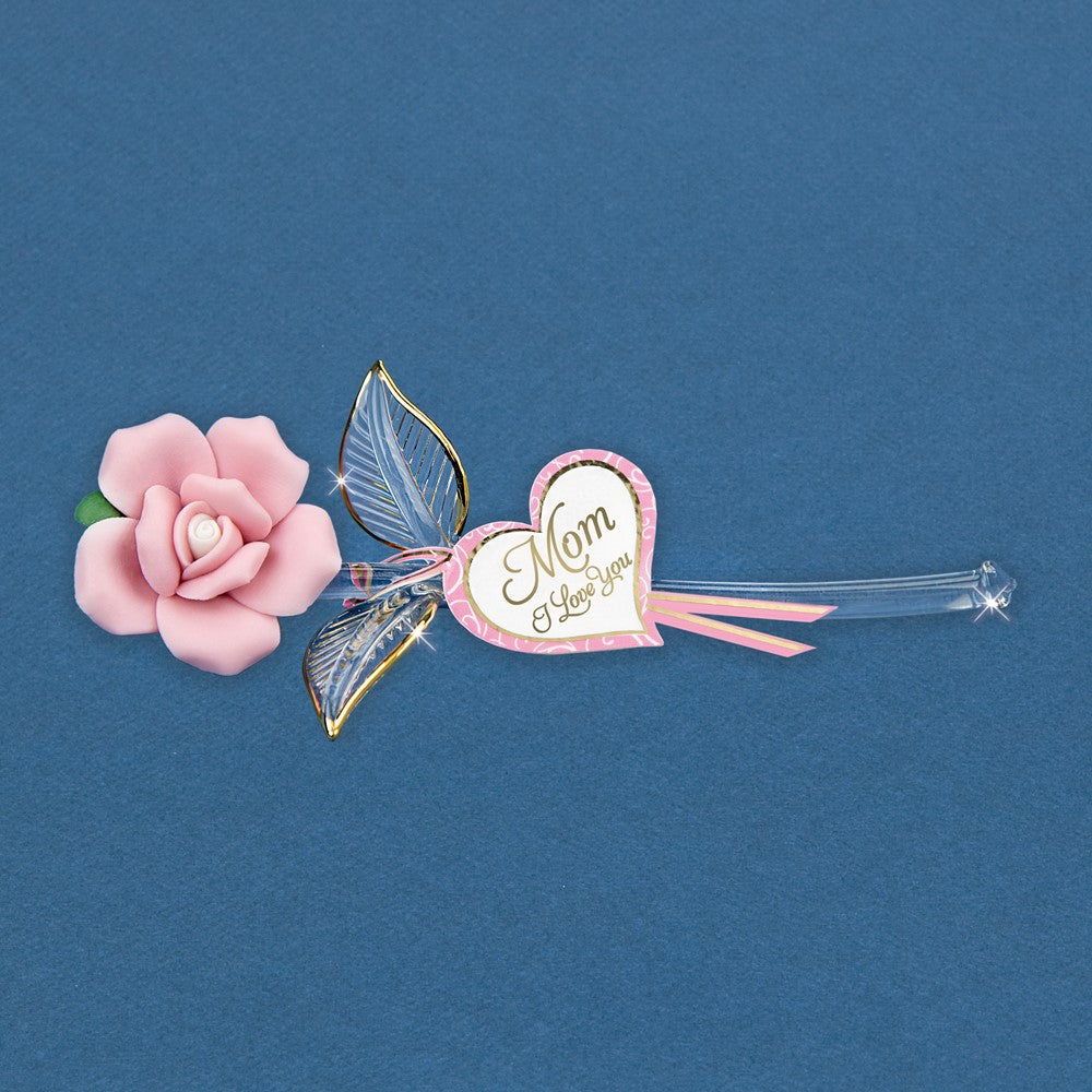 Glass Baron Beautiful Handcrafted Porcelain Pink Rose Crystal Heart Embossed with Mom, I Love You