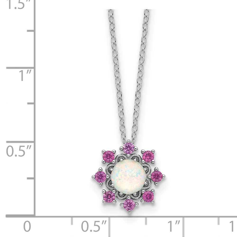 Cheryl M Sterling Silver Rhodium-plated Polished Created Opal and Pink Crystal Flower Necklace 18 Inches