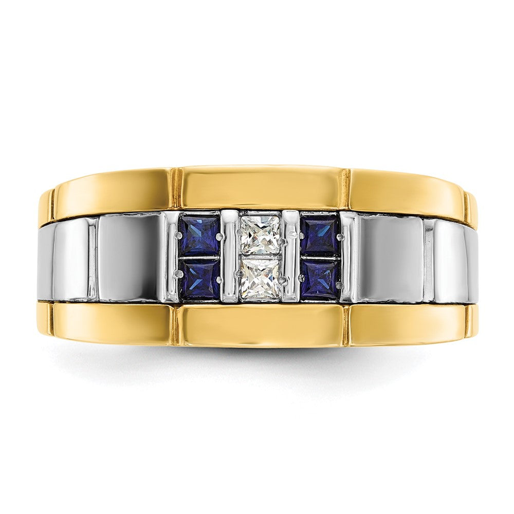 IBGoodman 14k Two-tone Men's Polished and Grooved Lab Created Sapphire and 1/10 Carat AA Quality Diamond Ring