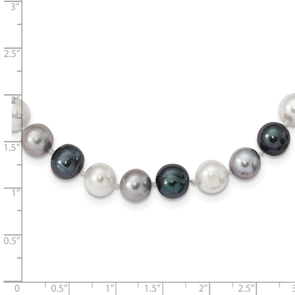 Sterling Silver Rhodium-plated 8-9mm Black, Green and White Semi-Round Freshwater Cultured Pearl 18 inch Necklace 18 Inches