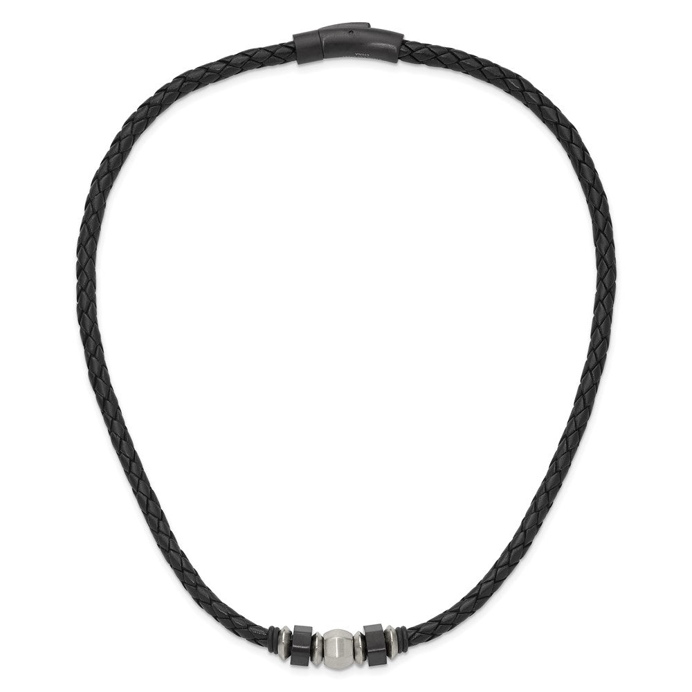 Stainless Steel Brushed Black IP-plated Leather & Rubber Necklace